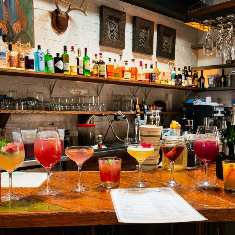 Colorful cocktails line a wooden restaurant bar beneath shelves of liquor bottles and hanging wine glasses.