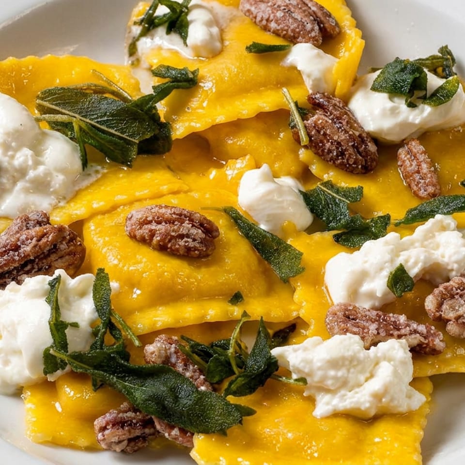 Golden ravioli topped with creamy ricotta, candied pecans, and fried sage leaves on a white plate.