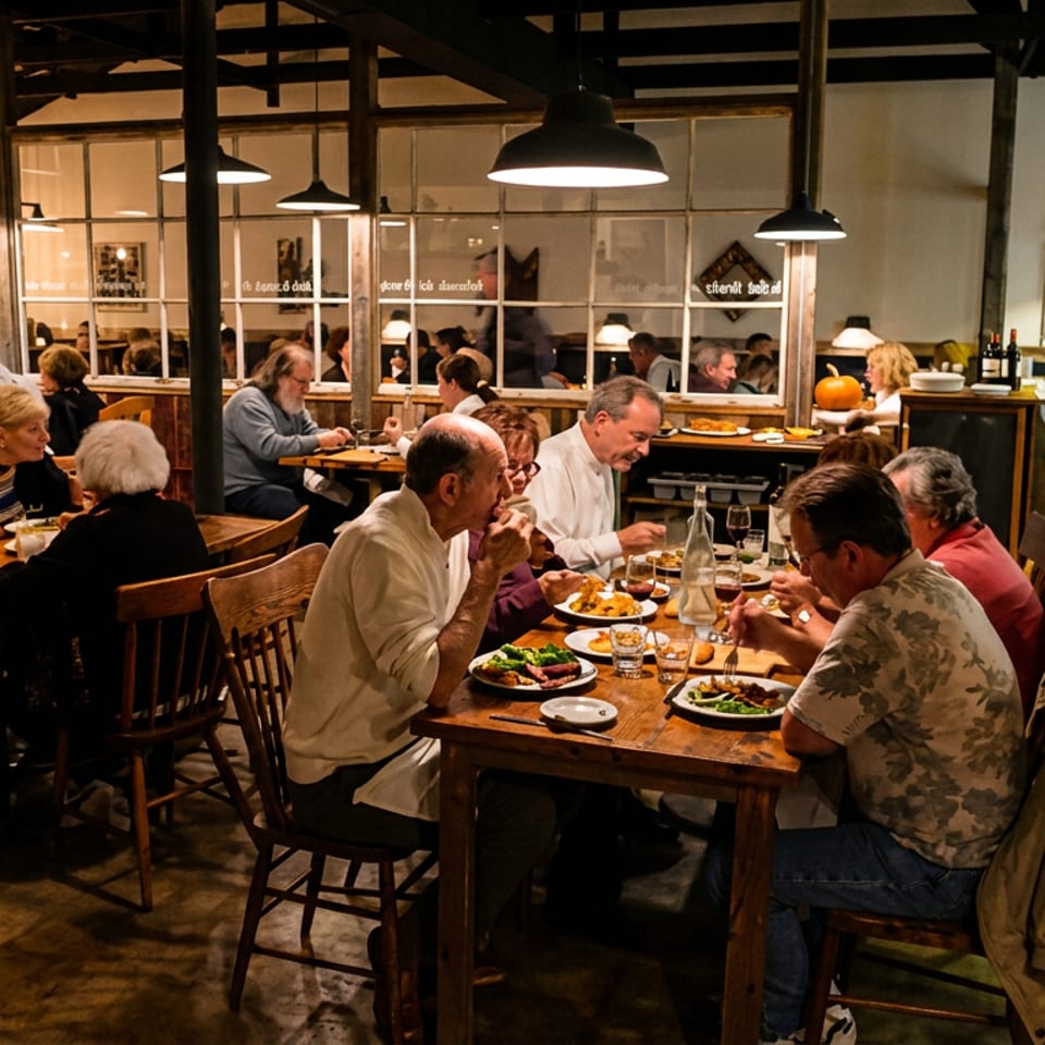 Busy, warmly lit restaurant dining room with patrons enjoying meals at wooden tables beneath black pendant lights.