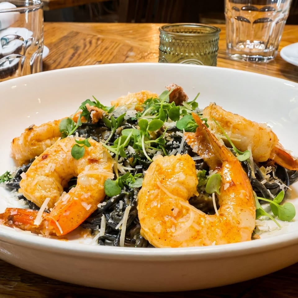 Breaded shrimp served over black pasta with microgreens and grated cheese in a white bowl on a wooden restaurant table.