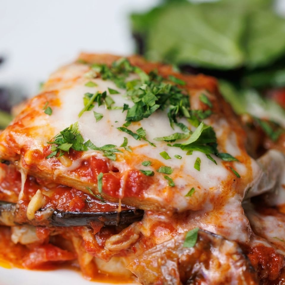 Layered eggplant Parmesan topped with melted cheese, tomato sauce, and fresh parsley, served with leafy greens.