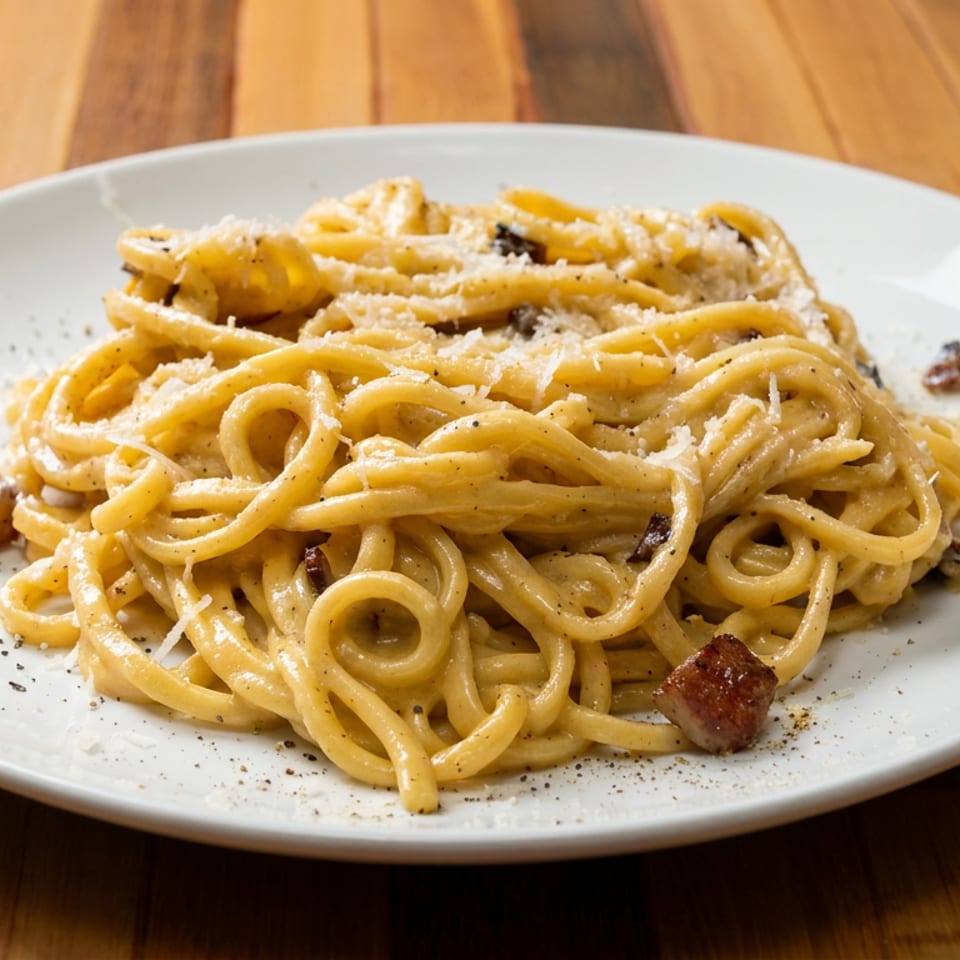 Creamy spaghetti topped with grated cheese, black pepper, and browned pancetta on a white plate atop a wooden table.