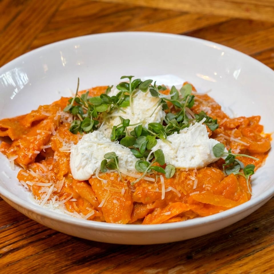 Bowl of pasta in creamy tomato sauce topped with ricotta, grated cheese, and fresh microgreens on a wooden table.