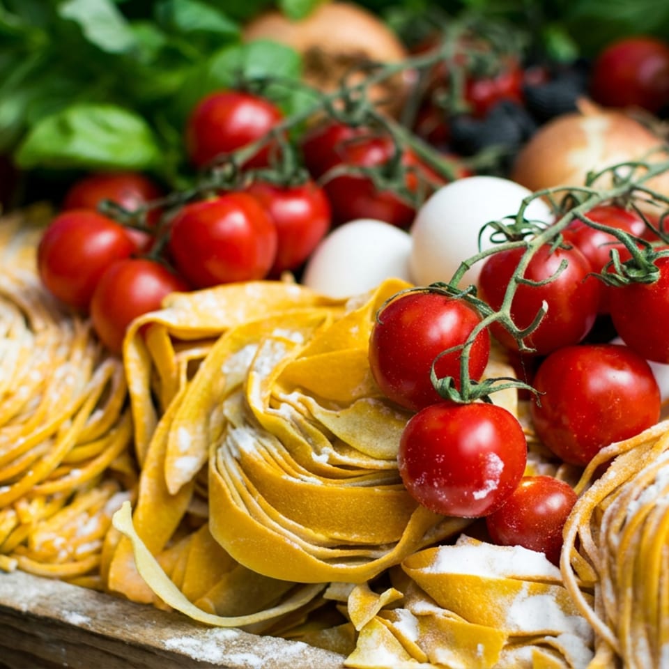 Fresh handmade pasta nests surrounded by cherry tomatoes, onions, garlic, and leafy greens on a rustic wooden board.